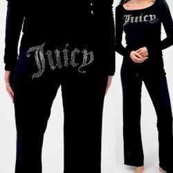 Juicy Couture NWT Y2K Black Velour ICONIC Logo Bling loungewear 2PC pants set M,
