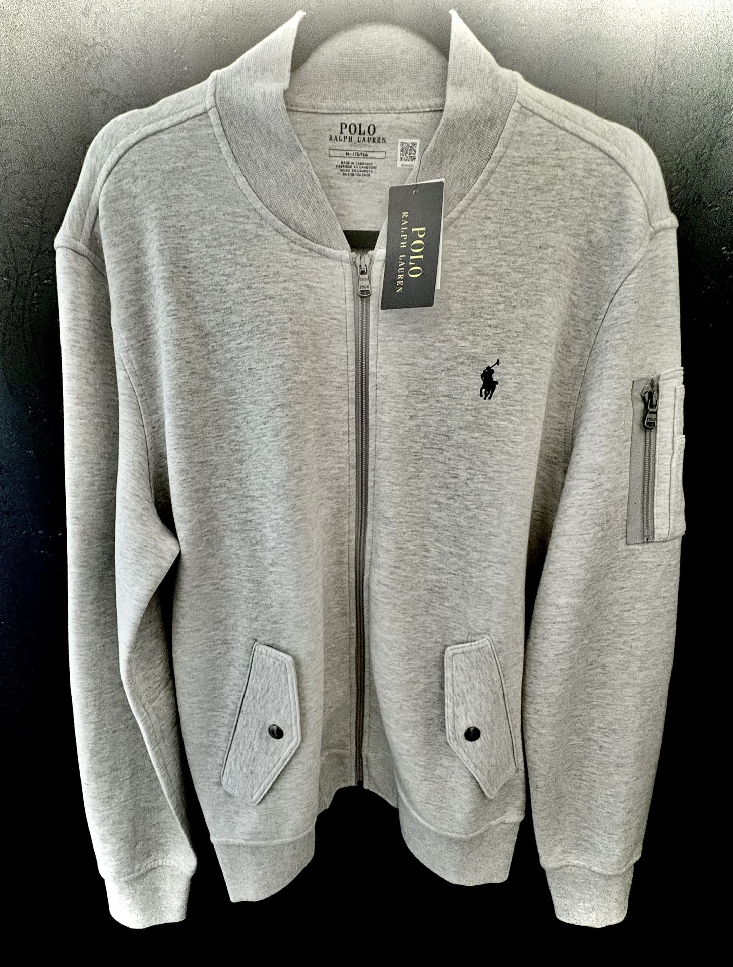 Polo Ralph Lauren Grey Heather Double Knit Fleece Bomber Jacket Size: M