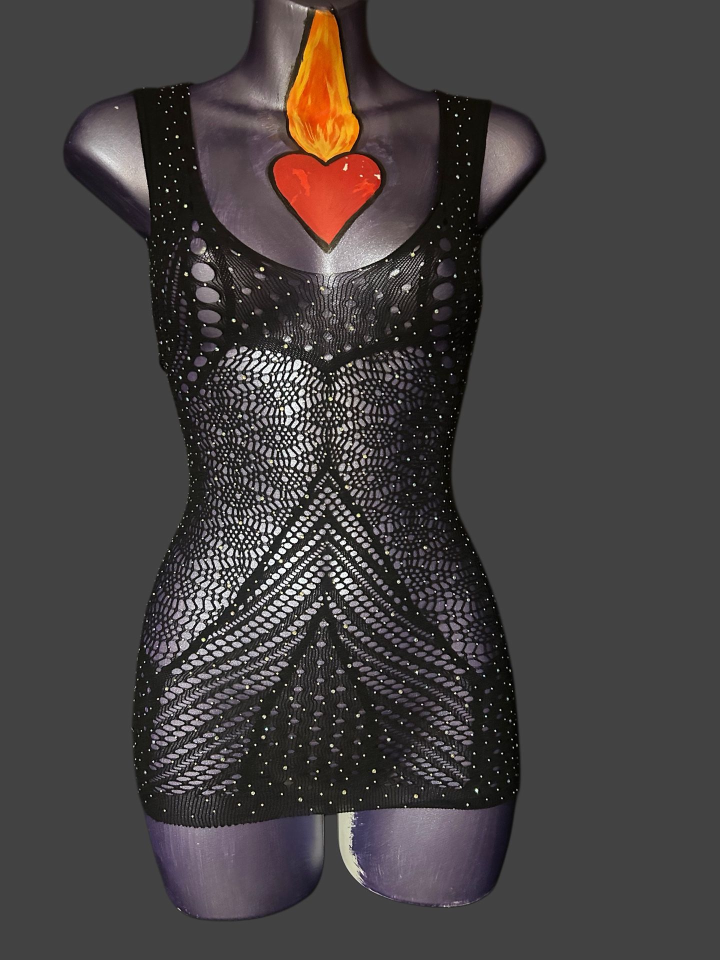 black fishnet mini dress/ lingerie dress with matching fishnet thigh highs with rhinestones