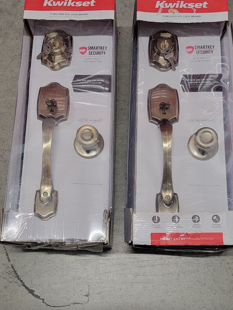 Lot of (2) SmartKey Kwikset Front Entry Door Lock Handle Set In Antique Gold