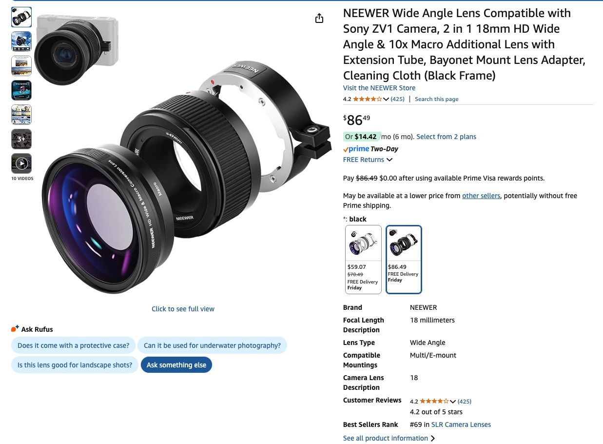 NEEWER Wide Angle Lens Compatible with Sony ZV1