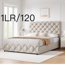 🔥Queen Size Bed Frame with 4 Storage Drawers and Headboard, Linen Upholstered Platform Bed Frame with Wooden Slats Support, Diamond Stitched Button T
