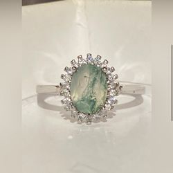 Moss Agate Halo Ring S925 Sz 7