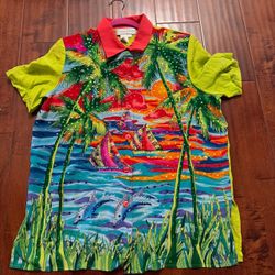 Vintage 90s Diane Gilman Silk Shirt L Tropical Dolphin Sequin Art to Wear