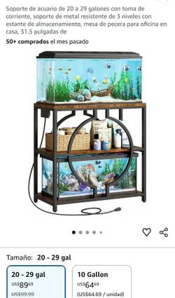Soporte de acuario de 20 a 29 galones con toma de
corriente, soporte de metal resistente de 3 niveles con
estante de almacenamiento, mesa de pecera pa
