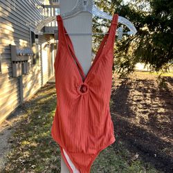Kona Sol Women's Ribbed Ring Front One Piece Swimsuit Cinnamon Orange