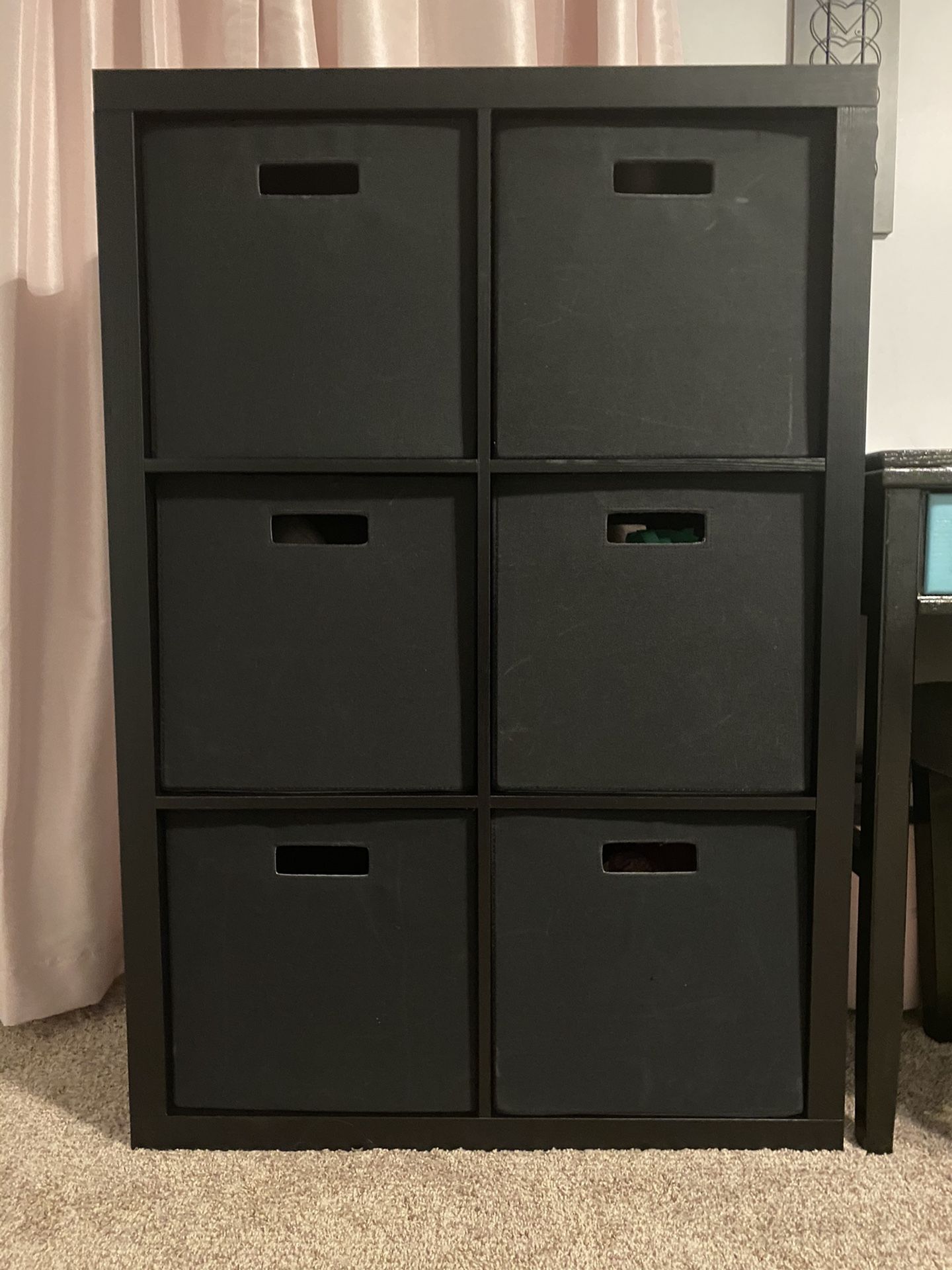 Two Black 6 Cube Storage Cubbies With Storage Bins