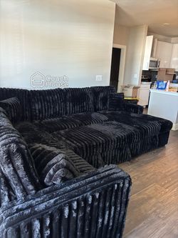 Black Fluffy Corduroy Sectional Couch with Pop up Bed & Storage Delivery Available 🚚