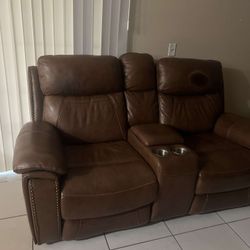 Double Recliner Leather Couch With Cup Holder
