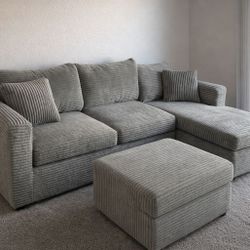 Brand New Grey Corduroy Sectionals With Free Ottoman 