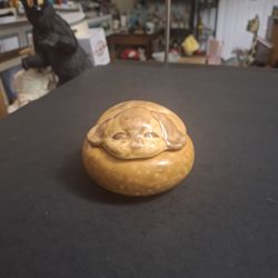 Vintage 90's Handmade Sleeping Puppy Sculpted Figurine Lidded Trinket Box In Glazed Tan Ceramic 2.5"H X 3.75"W 
