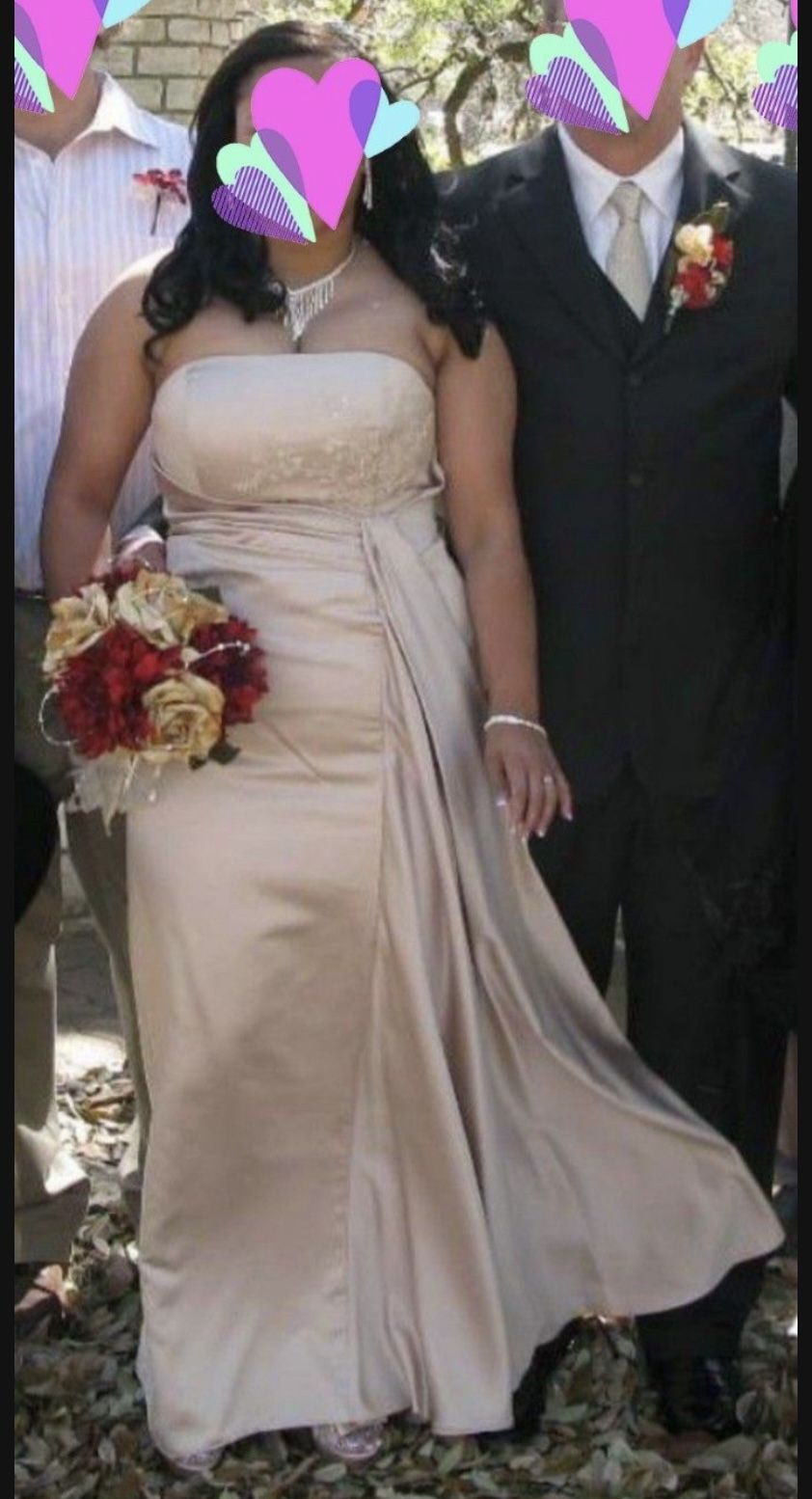 Beautiful Satin Beaded Ruched Champagne Night Dress / Prom Dress / Wedding Dress with Sash Size 12