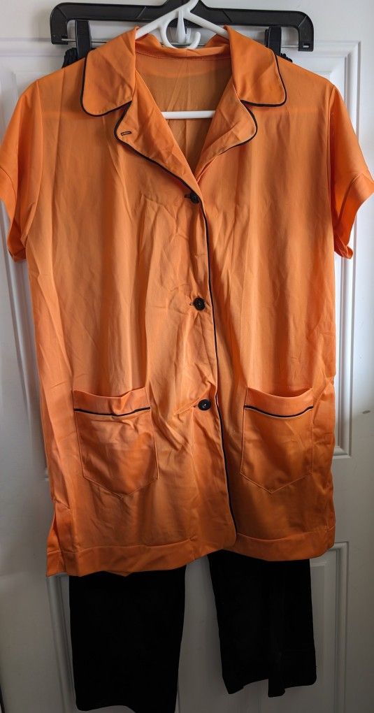 Rare Vintage Womens Van Raalte 8960 Size 36 Orange + Black Nylon 2 Pc Pajamas, Shirt Top, Pants. Bust 42, Waist 36, or Large. Petalskin