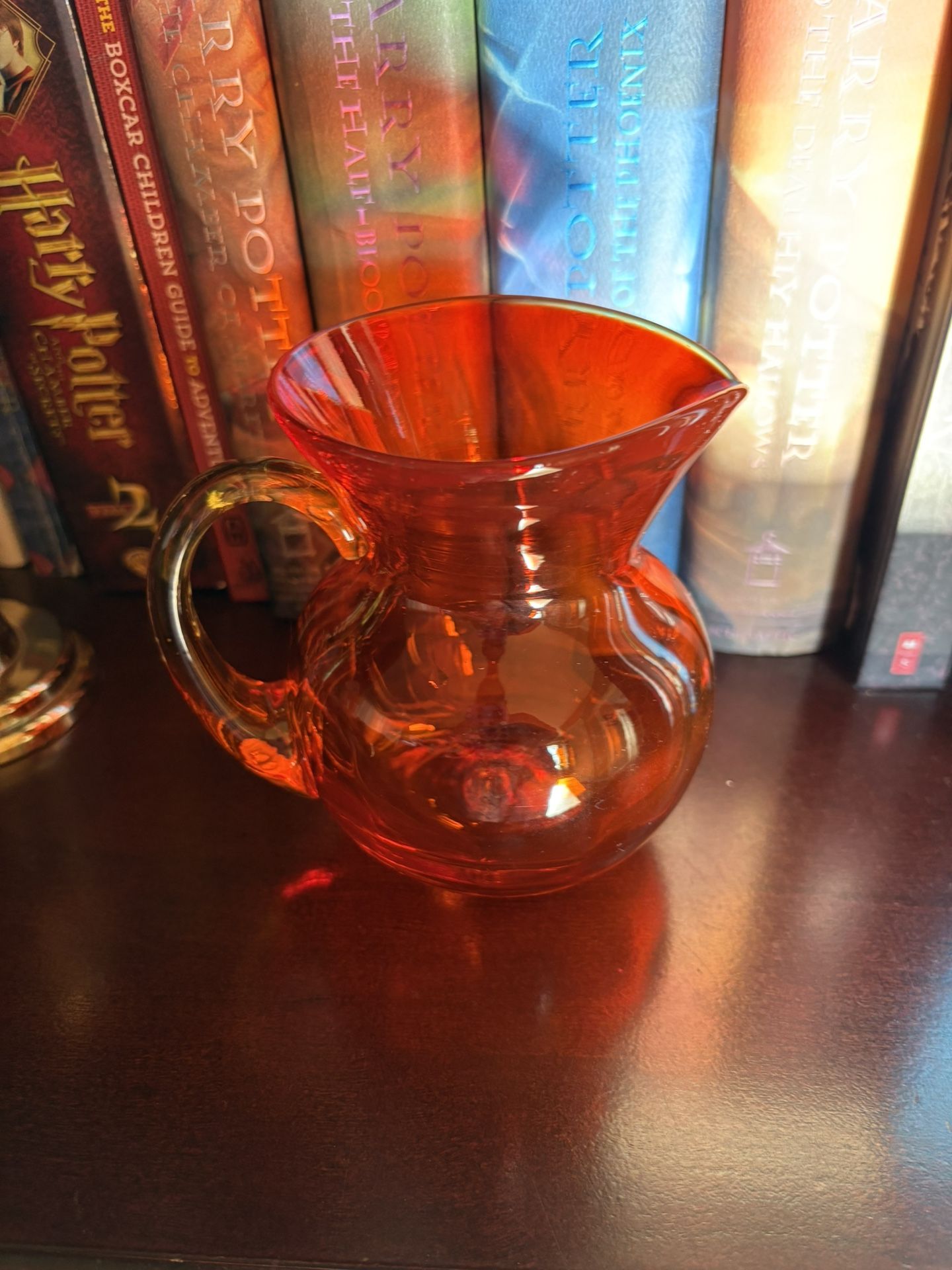 Hand Blown Orange Glass small Pitcher Clear Vase Jug 3.5 Inch. I am not sure but it may be Vintage 4” By 5”