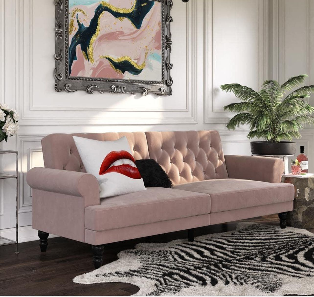 The Novogratz Cassidy Blush Velvet Upholstered Futon