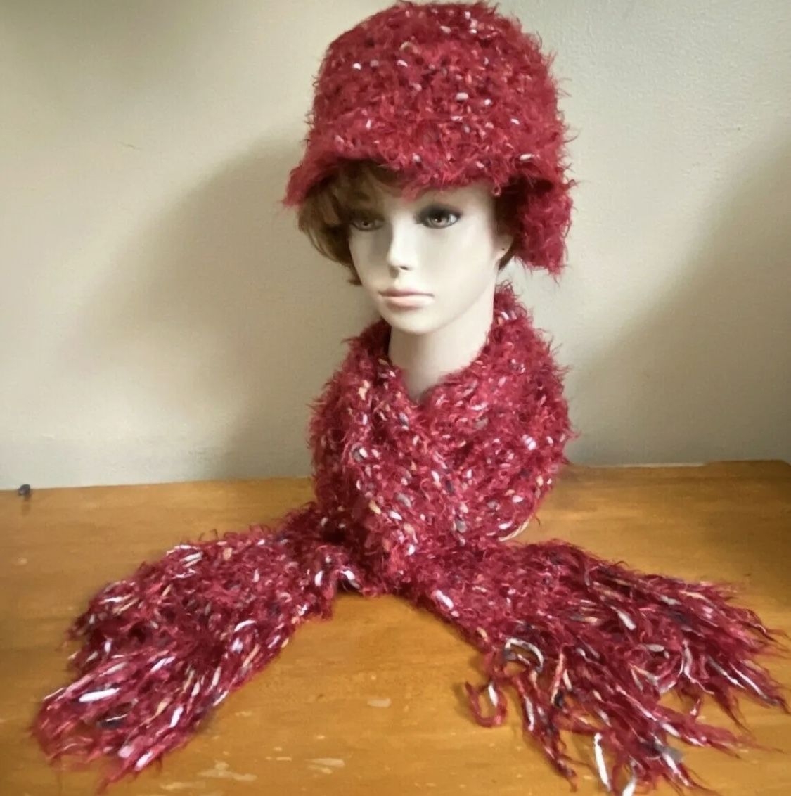 Handmade Furry Knit Red Multicolor Bucket Hat & Long Scarf Silk Boho Gift