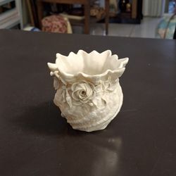 Antique Early 20th Century Belleek Pottery Aberdeen Irish Porcelain Small Rose Bowl With Encrusted Flowers, Black Stamp Notating Age 3.5"H