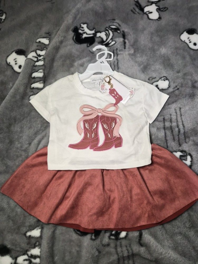 Kids 4 Darling Cowgirl Boot Shirt And Skirt Set - New