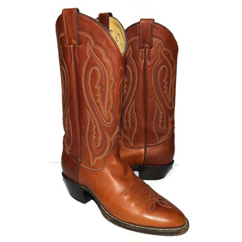 Tony Lama Leather Cowboy Boots Made In USA Mens 7 D Style 1405 Colored Stitching