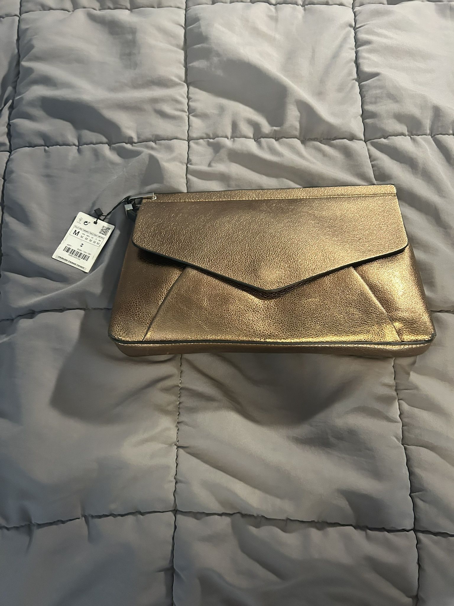 NWT Zara basic collection clutch purse handbag - bronze color with wristlet 