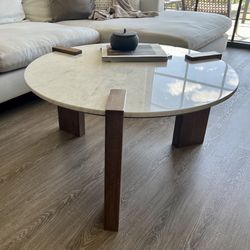 White Marble And Teak Coffee Table