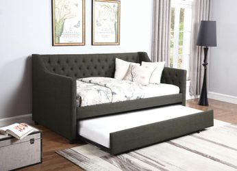 BRAND NEW TWIN UPHOLSTERED DAY BED! CHARCOAL FABRIC (MATTRESS READY)