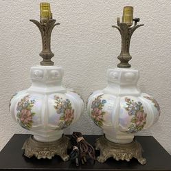 Pair of Vintage Hollywood Regency Iridescent Glass Melon Lamps Falkenstein Style Brass Lamps