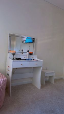 White Vanity Desk with Mirror & Stool