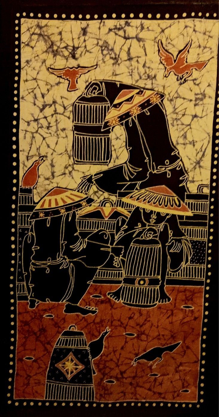 Amazing Batik With Crows, Cages And People, Stretched On Wooden Frame 14x26", Signed