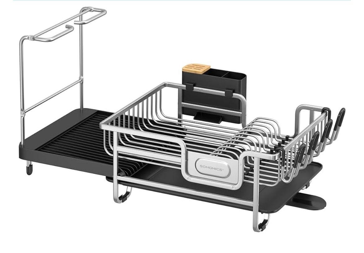 SONGMICS Dish Drying Rack, Rustproof Aluminum Dish Drainer with 21.1-28.2 Inches Expandable Drainboa