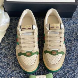 Gucci  Screener Dirty Shoes Leather Old Lace-up Fashion Plate Shoes Men's Gray Green New In Box