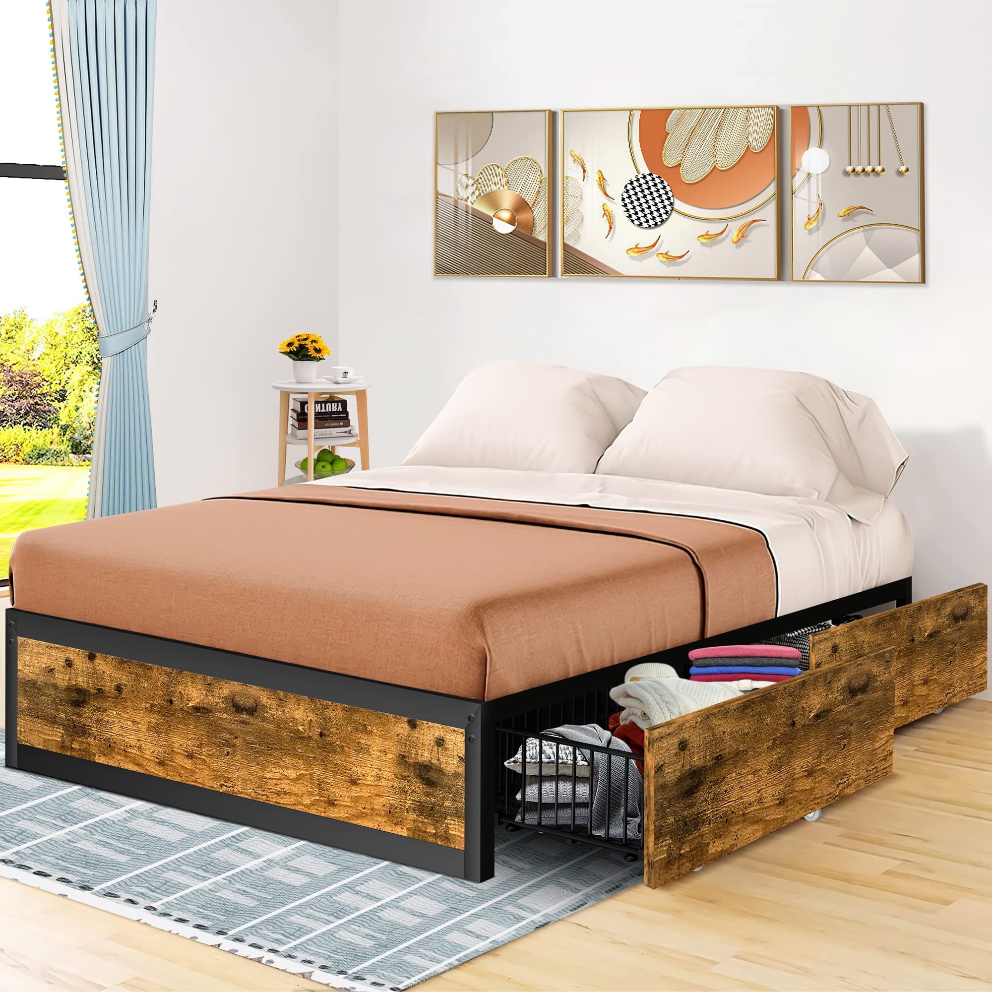 Bed Frame with 4 Drawers, Metal Platform Bed Frame queenSize, 11 Heavy Duty Metal Slats Support, No Box Spring Needed, Space Saving, Noise-Free, Easy 