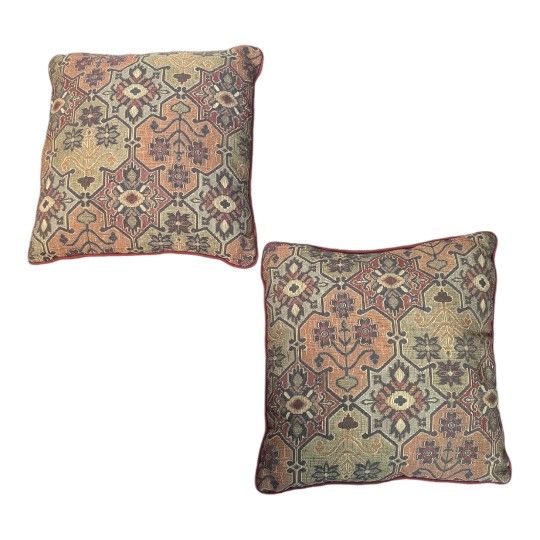 Vintage 80's Tapestry Floral Tribal Design Square Accent Pillow 17"