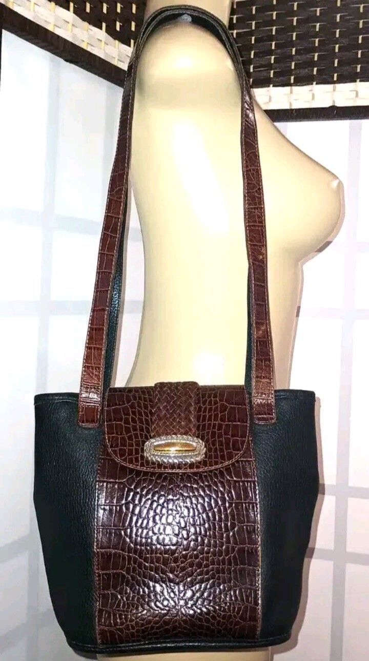 Vintage BRIGHTON Croco-Embossed Pebbled Leather Black/Brown Bucket Shoulder Bag