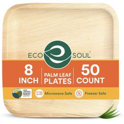 ECO SOUL Compostable 8 Inch Palm Leaf Square Plates (50 Count) Like Bamboo Plates | Biodegradable | Eco-Friendly, Microwave & Oven Safe