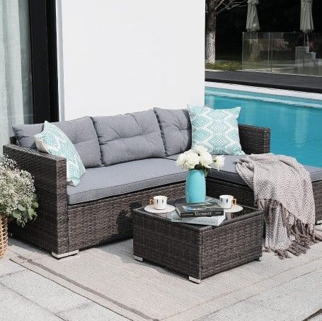 L Shape Couch With coffee Table Gray Wicker with Gray Cushions New