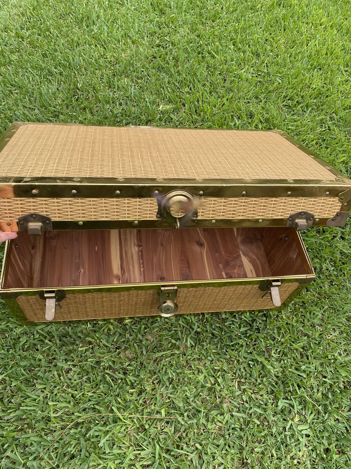 Vintage Woven Union Trunk With Brass Trim & Handles /Cedar Lining