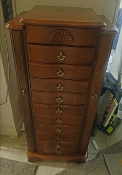 Tall Wooden Jewelry Armoire with Drawers
