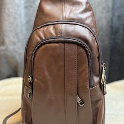 Brown Genuine Leather Sling Backpack Crossbody Chest Bag Multi Zip