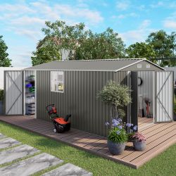 10x14 FT Outdoor Metal Storage Shed, Durable Garden Shed with Three Lockable Doors and Clear Window for Backyard, Patio, Garden, All-Weather Shelter f