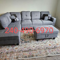 Special Sale Only $52 Down Brand New Box Gray Linen Sectional With Pillows Storage Ottoman Complete Package