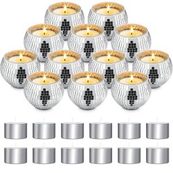 Luditek Disco Ball Candle Holders, 12 Pcs Mirror Silver Decor for Christmas Birthday Wedding NYE Party Decorations, Glass Votive with Tealights for Ho