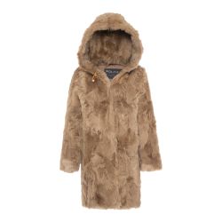 NWT Wolfie Furs Toscana Shearling Lamb Hooded Parka Coat Camel Size 4 l