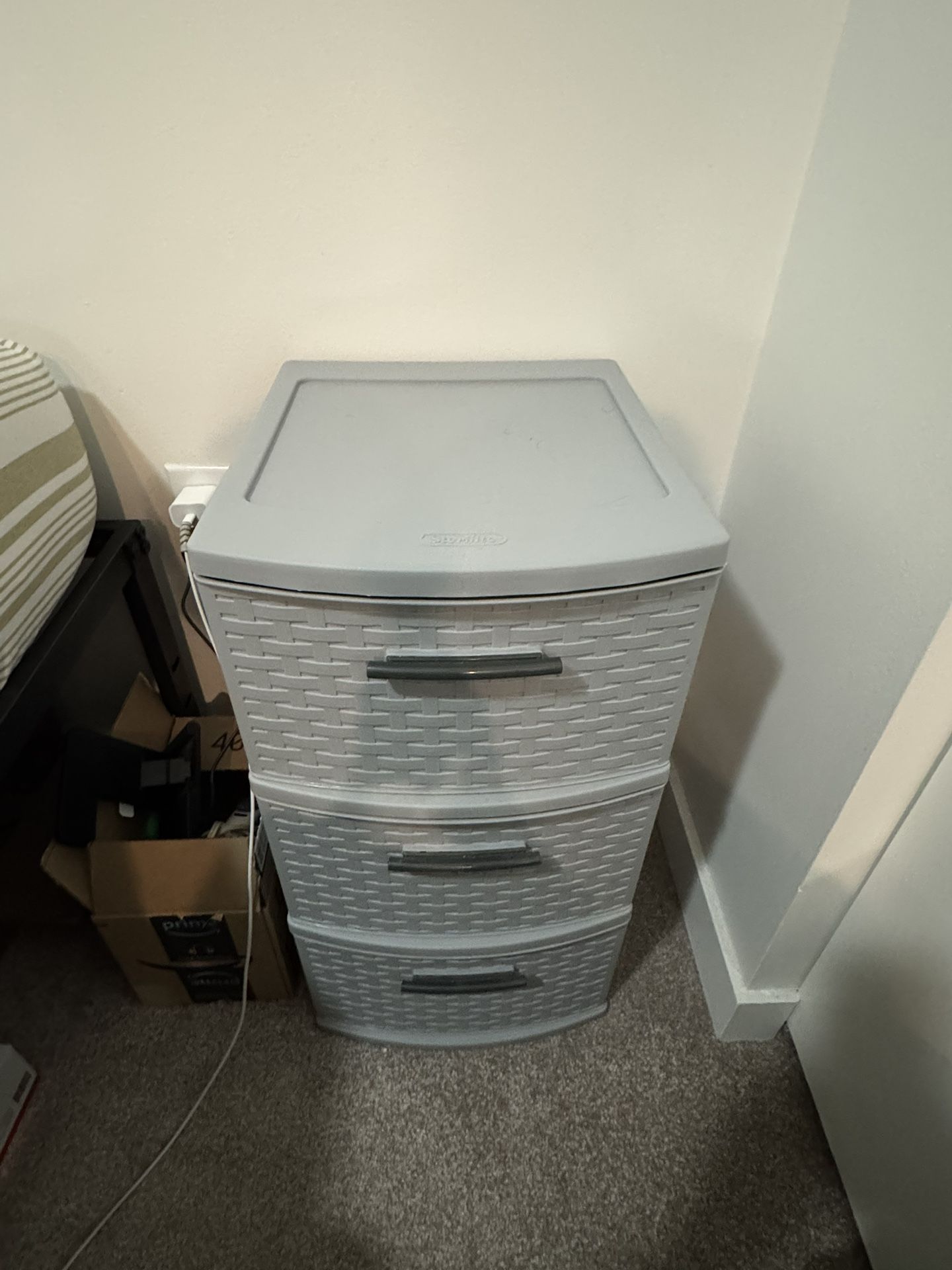 Generic Three-layer woven tower storage organizer, plastic drawer with handles, suitable for bedroom wardrobe office, white decorative cabinet