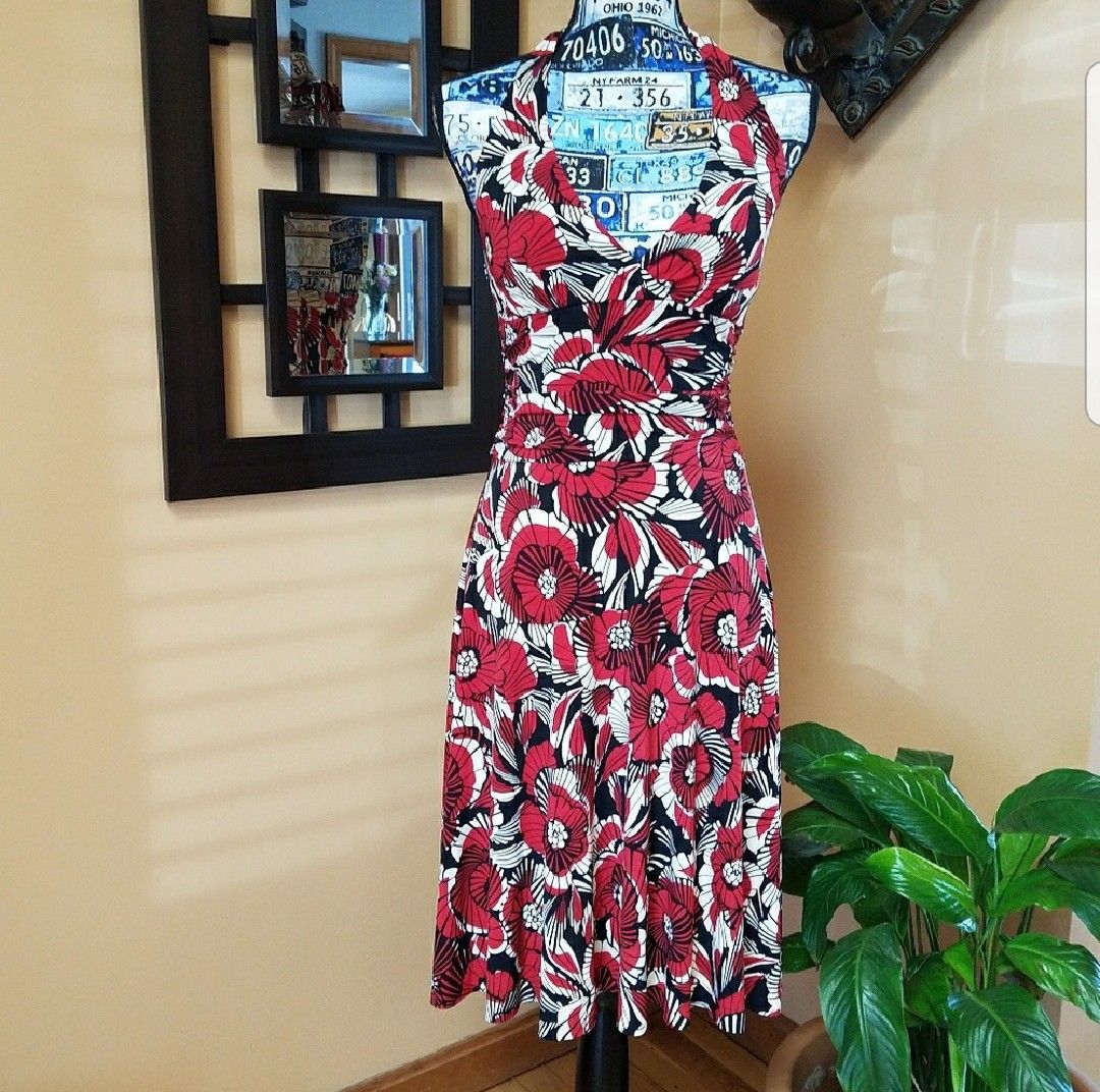 RED, BLACK, & WHITE FLORAL PRINT HALTER DRESS