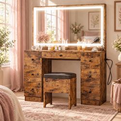 Rustic Brown Large Mirror Makeup Vanity Desk with 7 Drawers