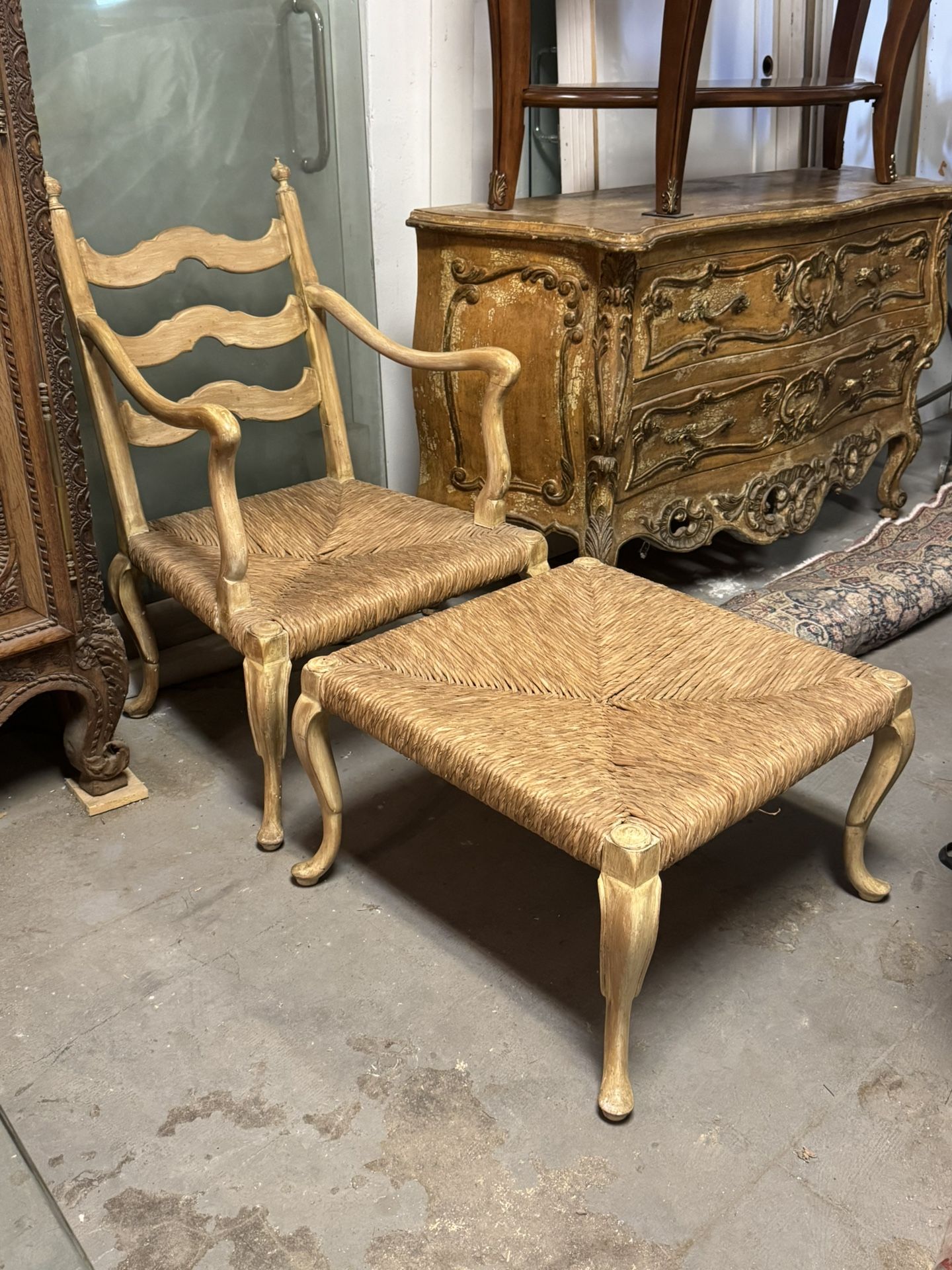 Set of Rattan/Wicker & Wood Chair and Ottoman Set