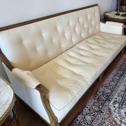 Vintage traditional French-style cream-colored tufted settee with a light wood frame Sofa - Excellent Condition - 83” x 30” 