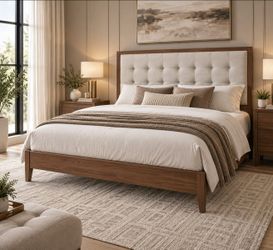 Queen Bed Frame, Headboard,Walnut
Mid-Century Modern Design,Linen Tufted Headboard,Wood Slats,No Box Spring Needed,Stable Platform Support,Noise-Free 