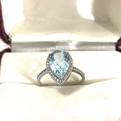 Brand New Aquamarine, Gemstone Set In a  Solid Silver Promise Ring. Size 7.